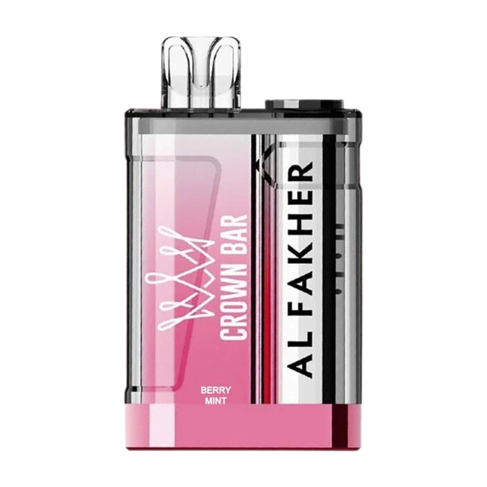 Al Fakher Crown Bar 9000 Disposable Device in Berry Mint flavour 20mg with sleek body, rechargeable battery, and mesh coil fruity vape with mixed berries and refreshing mint taste.