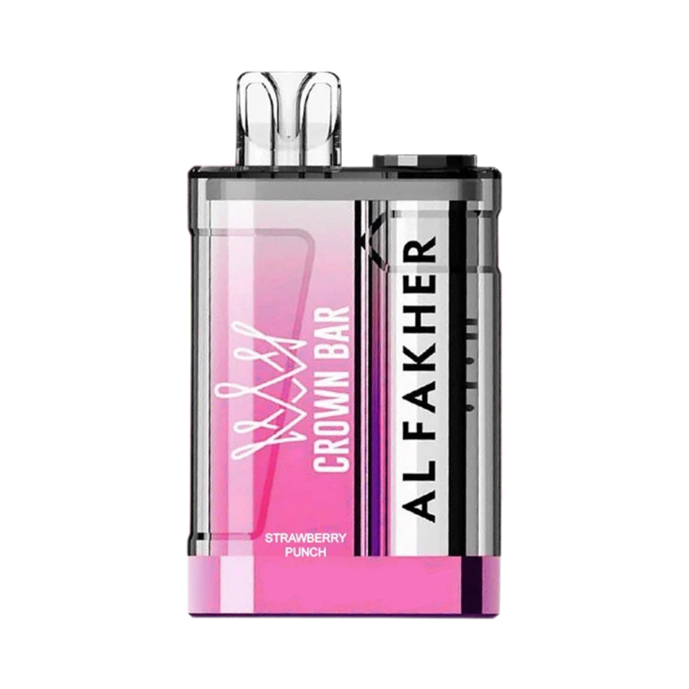 Al Fakher Crown Bar 9000 Disposable Device in Strawberry Peach flavour 20mg with sleek body, rechargeable battery, and mesh coil  fruity vape with sweet strawberry and juicy peach blend.