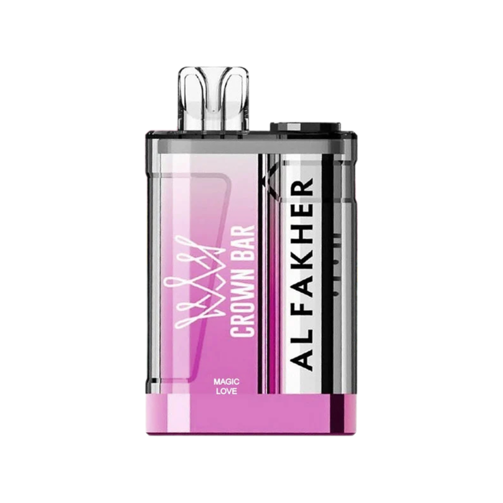 Al Fakher Crown Bar 9000 Disposable Device in Magic Love flavour 20mg with sleek design, rechargeable battery, and mesh coil fruity vape with a smooth, exotic flavour blend.