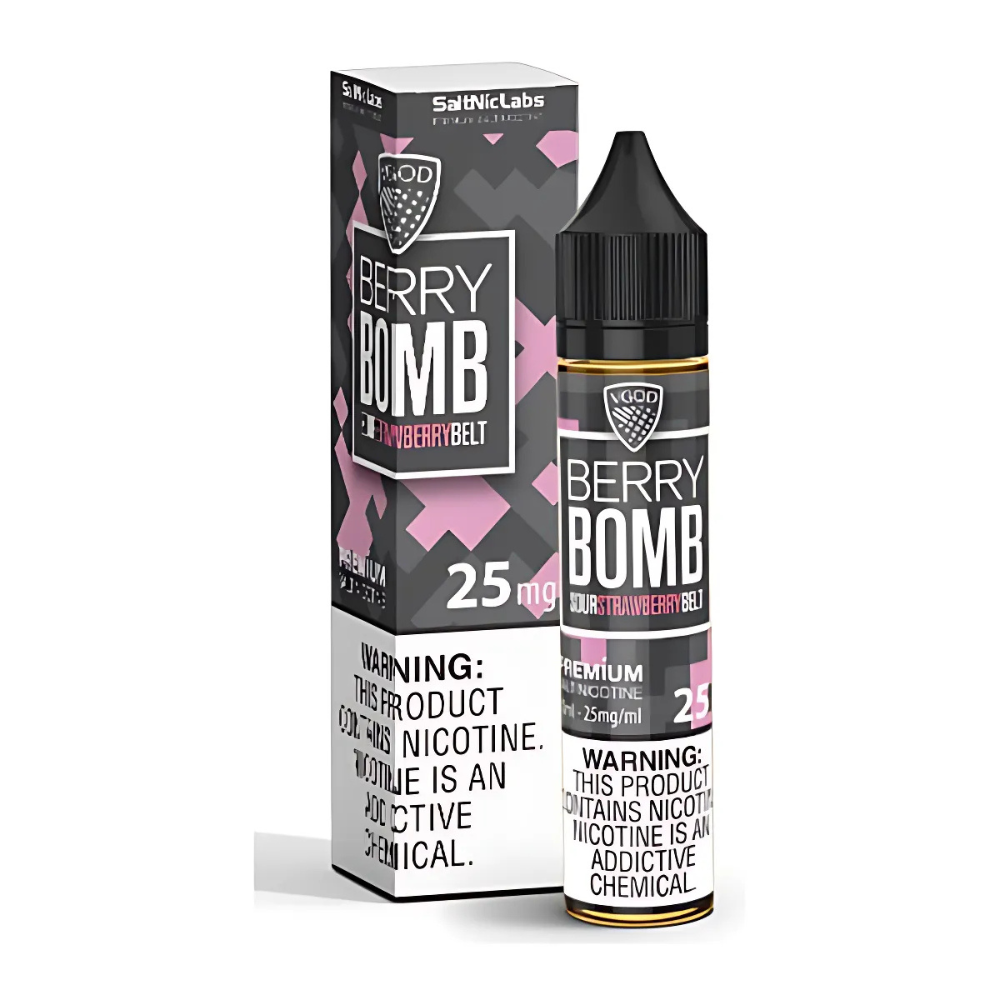 VGOD Berry Bomb Nic Salt 30ml 25MG bottle with eye-catching design, packed with sweet and sour berry flavours for a bold, juicy, and satisfying vape experience.