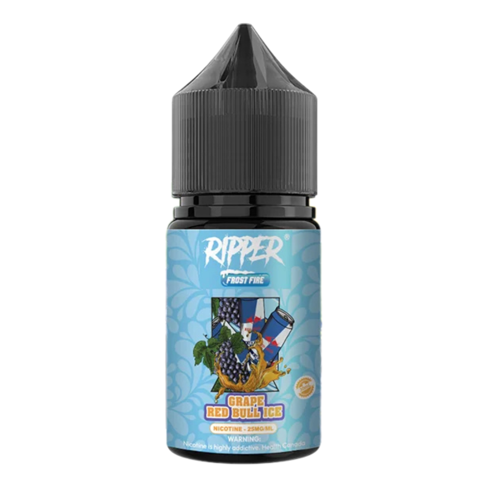 Ripper Grape Red Bull Ice Nic Salt 30ml 55MG bottle in bold packaging, mixing sweet grape with energy drink vibes and a cool icy blast for a refreshing vape.