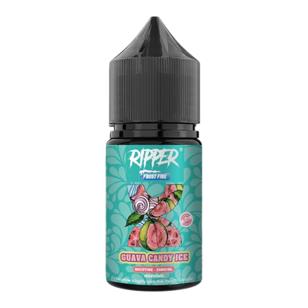 Ripper Guava Candy Ice Nic Salt 30ml 55MG bottle with playful packaging, offering sweet guava candy flavour blended with a smooth icy exhale for a fun vape.
