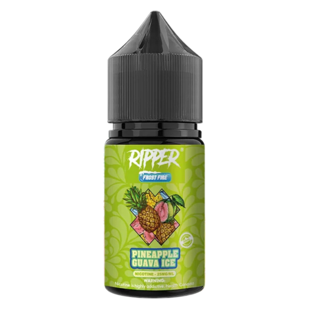 Ripper Pineapple Guava Ice Nic Salt 30ml 55MG bottle with tropical themed design, blending juicy pineapple and smooth guava with a cool icy finish for a refreshing vape.