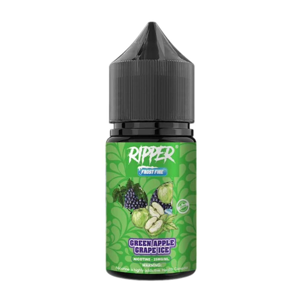 Ripper Green Apple Grape Ice Nic Salt 30ml 55MG bottle featuring a crisp green apple and sweet grape combo with a chilled icy touch for a smooth, fruity vape.
