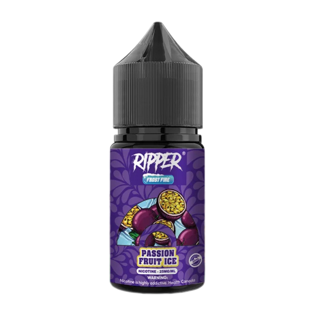Ripper Passion Fruit Ice Nic Salt 30ml 55MG bottle with vibrant design, offering a tangy tropical passion fruit flavour with a crisp icy kick for a refreshing vape.