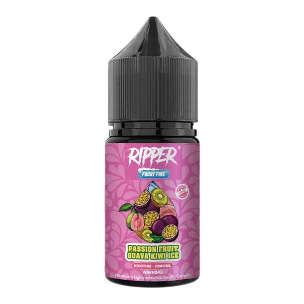 Ripper Passion Fruit Guava Kiwi Ice Nic Salt 30ml 55MG bottle with colorful design, blending tropical fruits and a cool icy exhale for a smooth, fruity vape.