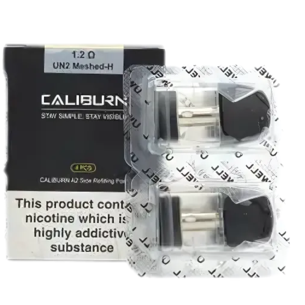 Packaging of Uwell Caliburn A2 refillable pods with one pod visible outside the box, showing the brand name, product resistance, and the warning about nicotine.