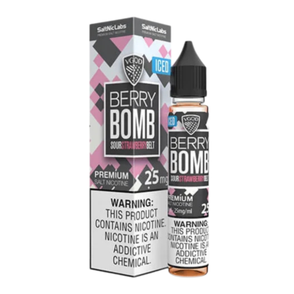 VGOD Berry Bomb Nic Salt 30ml 50MG bottle with vibrant artwork, offering a sweet and tangy explosion of mixed berries for a bold and juicy vape experience.