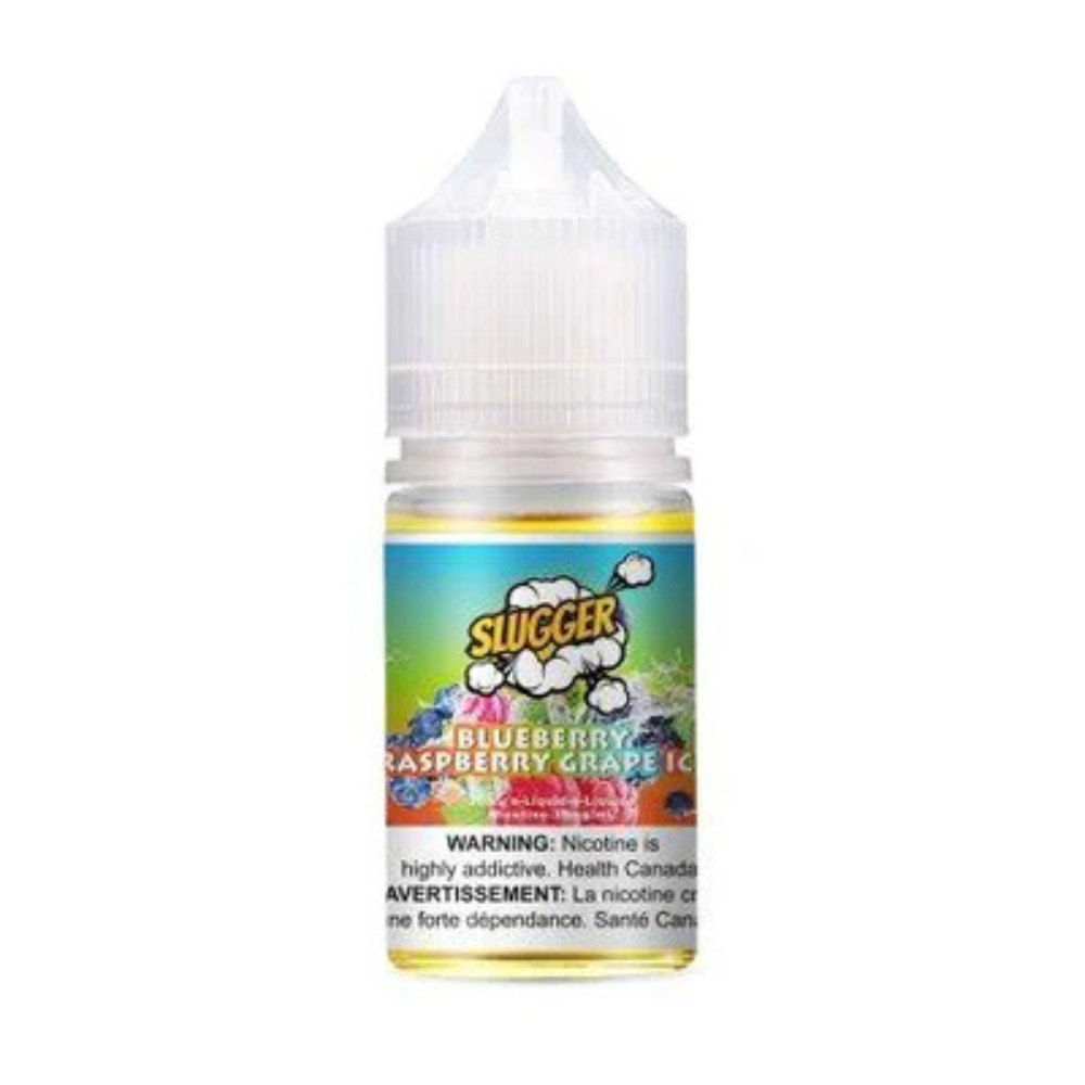 Slugger Nic Salt Blueberry Raspberry Grape Ice 30ml 50mg blends sweet blueberries, tangy raspberries, and juicy grape with a cool icy finish ideal for a fruity MTL vape.