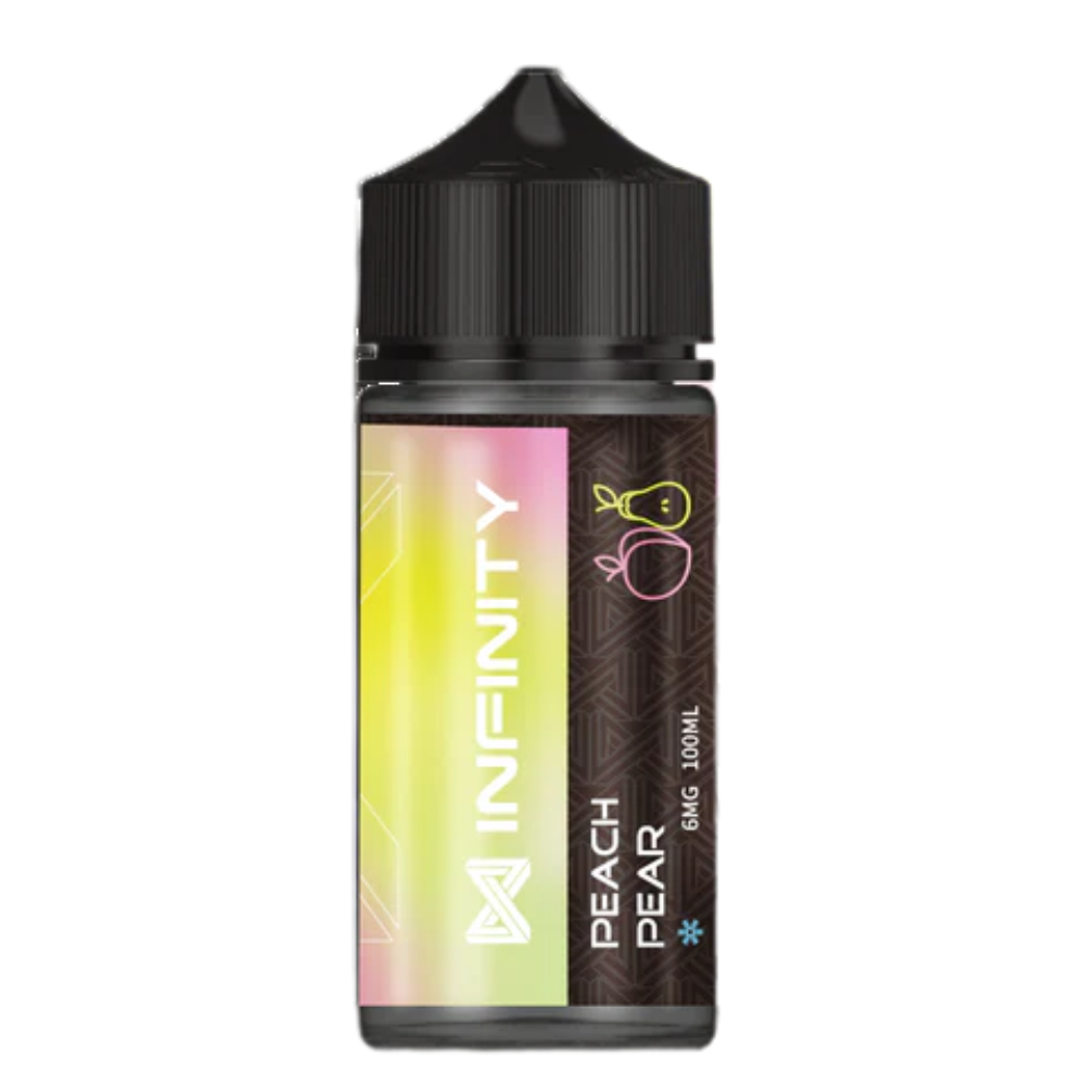 Infinity E-Liquids Peach Pear 100ml 6mg blends juicy peach and crisp pear for a sweet, refreshing vape perfect for smooth sub-ohm vaping with rich flavour.