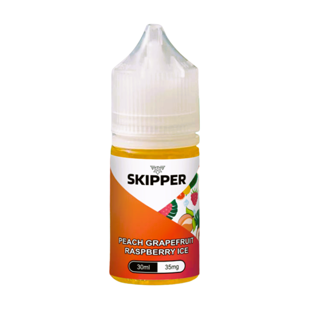 Skipper Nic Salt Peach Grapefruit Raspberry Ice 30ml 50mg blends sweet peach, tangy grapefruit, and ripe raspberry with a cool icy finish perfect for a fruity MTL vape.