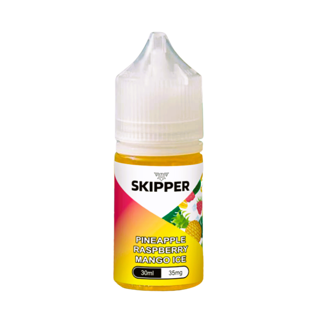 Skipper Nic Salt Pineapple Raspberry Mango Ice 30ml 50mg blends tropical pineapple, tangy raspberry, and sweet mango with a refreshing icy finish perfect for a fruity MTL vape.