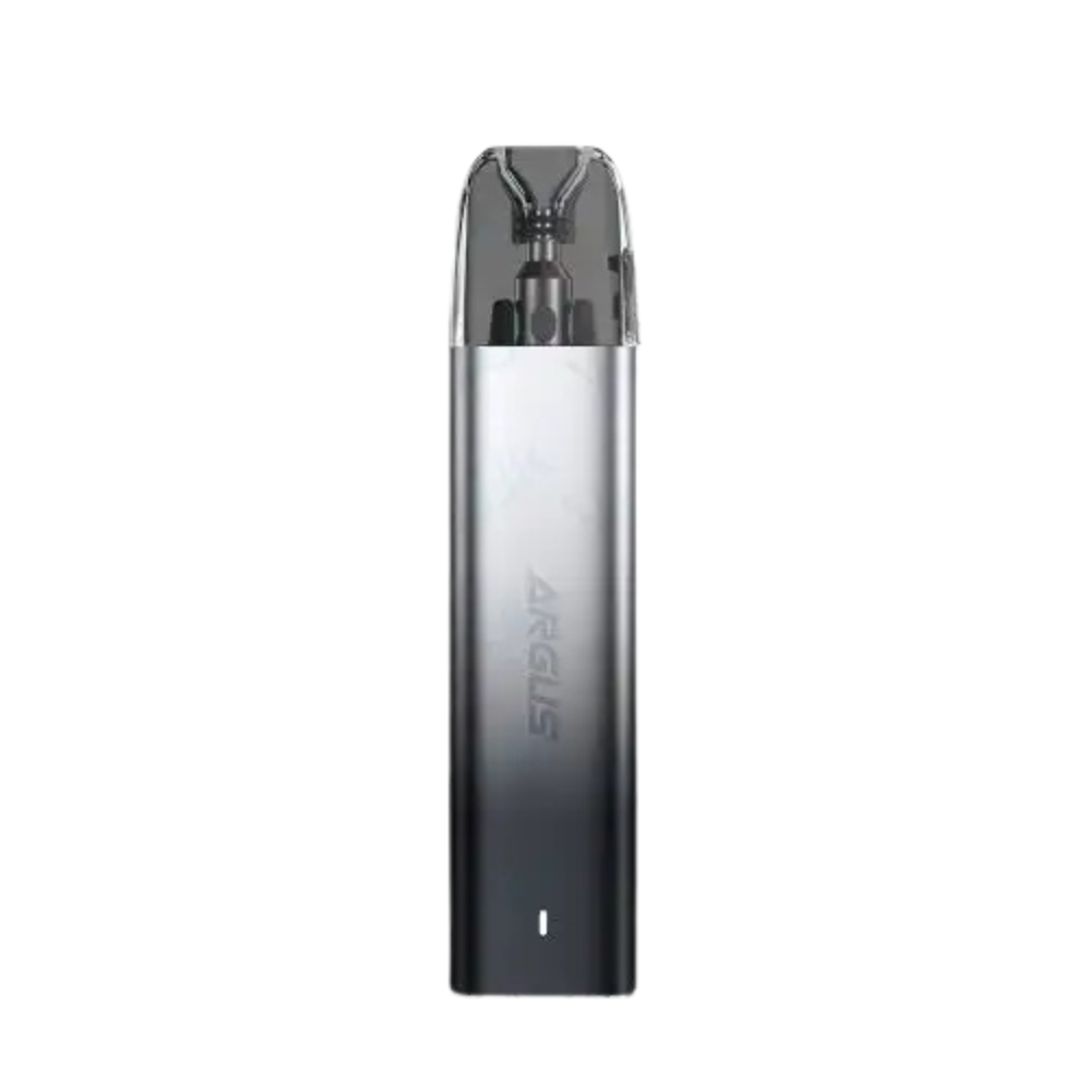Voopoo Argus Pod Kit in Moonlit Grey flavour with sleek metallic finish, transparent pod, and compact design premium pod kit for smooth vaping experience