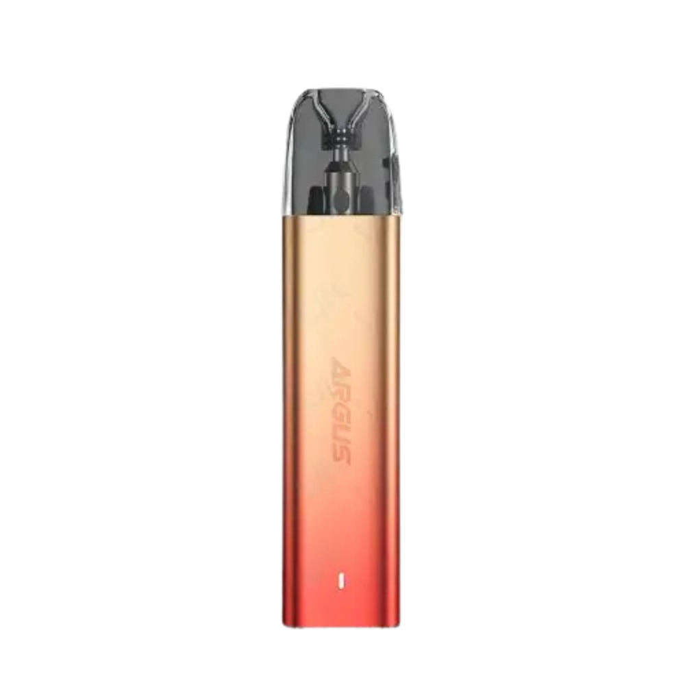 Voopoo Argus Pod Kit in Sunset Orange flavour with vibrant gradient finish, transparent pod, and modern compact design perfect pod kit for smooth vaping.