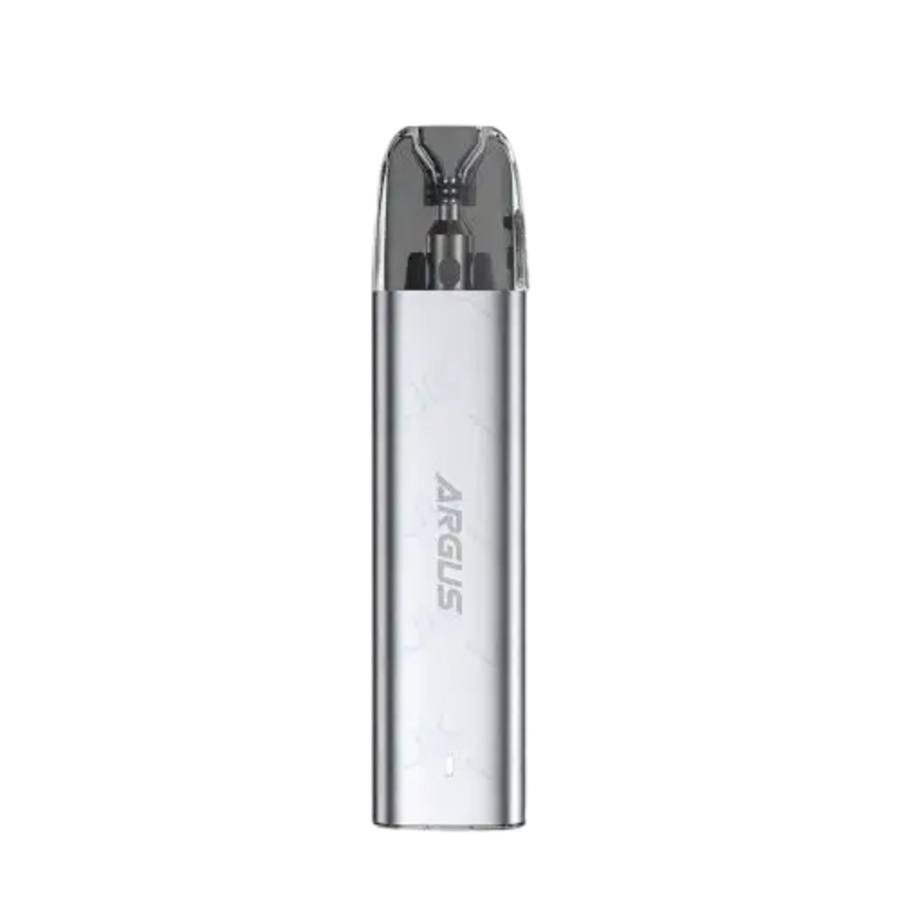 Voopoo Argus Pod Kit in Starry Silver flavour with sleek metallic finish, transparent pod, and compact design premium pod system for smooth vaping experience.