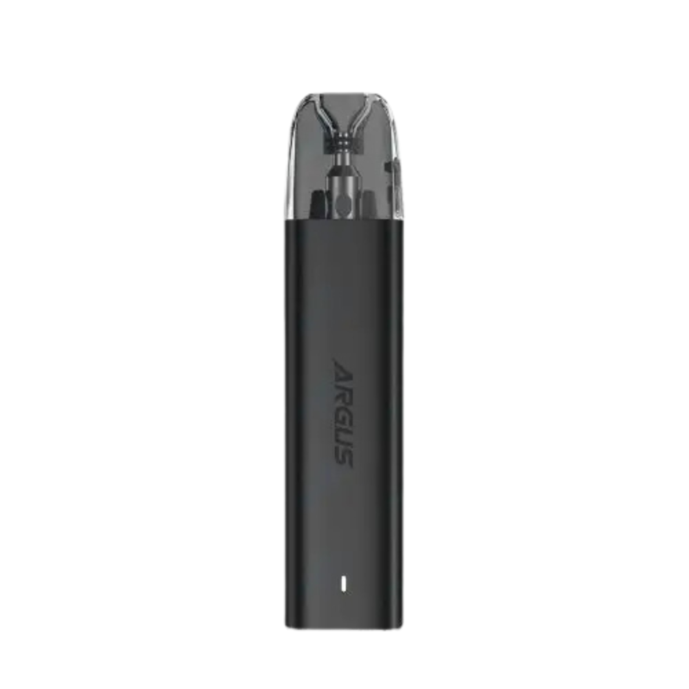 Voopoo Argus Pod Kit in Midnight Black flavour with sleek dark finish, transparent pod, and minimalist compact body ideal pod system for smooth vaping experience.