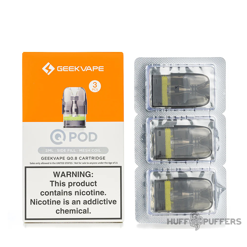 Geekvape Q Pod 0.8Ω Cartridge – 3pcs side-fill mesh coil pods in blister pack with yellow O-ring, next to product box showing 2ml capacity and warning label.