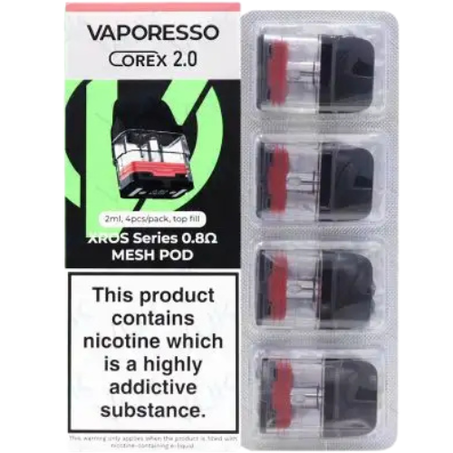 Vaporesso Corex 2.0 mesh pod packaging with nicotine warning label.