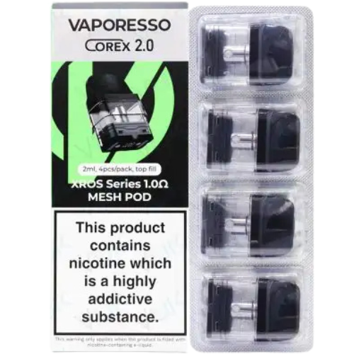 Vaporesso Corex 2.0 mesh pod packaging with four pods displayed.