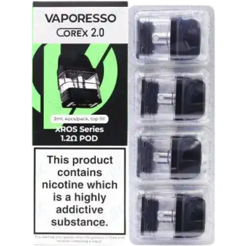 Vaporesso Corex 2.0 vape pod packaging with four pods inside a clear plastic case on a white background.