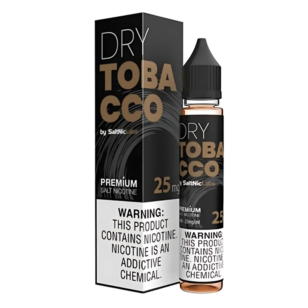 A bottle of VGOD Dry Tobacco 25mg nicotine salt e-liquid with a child-proof, leak-resistant cap, and its packaging box.