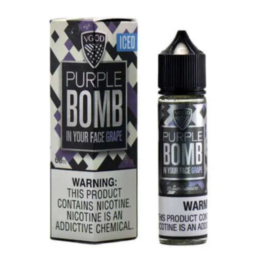 A product image showing the packaging and bottle of VGOD Iced Purple Bomb 25mg - 30ml Nic Salt. The packaging is predominantly purple and black with white text, and the bottle is labeled consistently with the brand and product name.