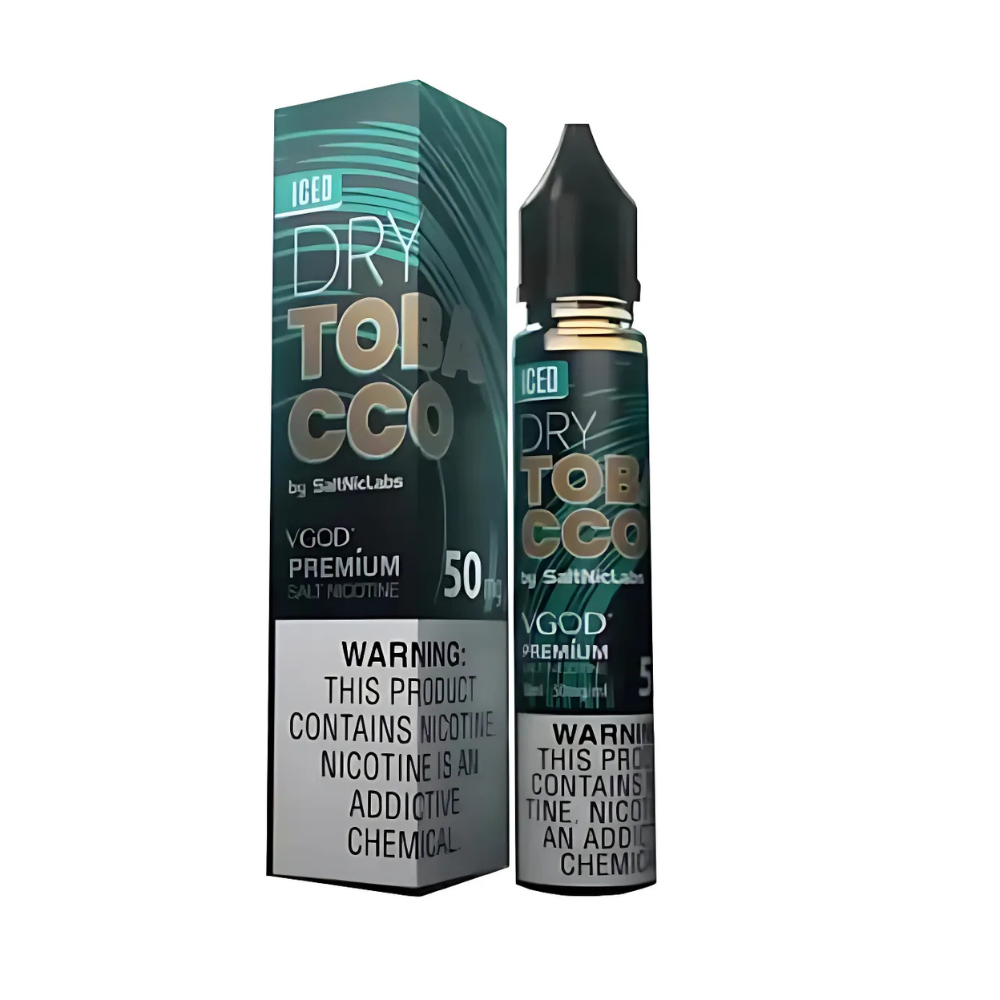 A product image showing the packaging and bottle of VGOD Iced Dry Tobacco 50mg - 30ml Nic Salt. The packaging is predominantly black and green with text and branding, and the bottle is transparent with a black nozzle.