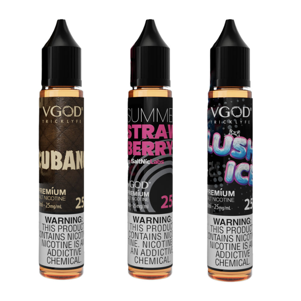 Three bottles of Vgod 25mg nicotine salt e-liquid in 30ml packaging, flavors include Cuban, Strawberry, and Lush Ice.
