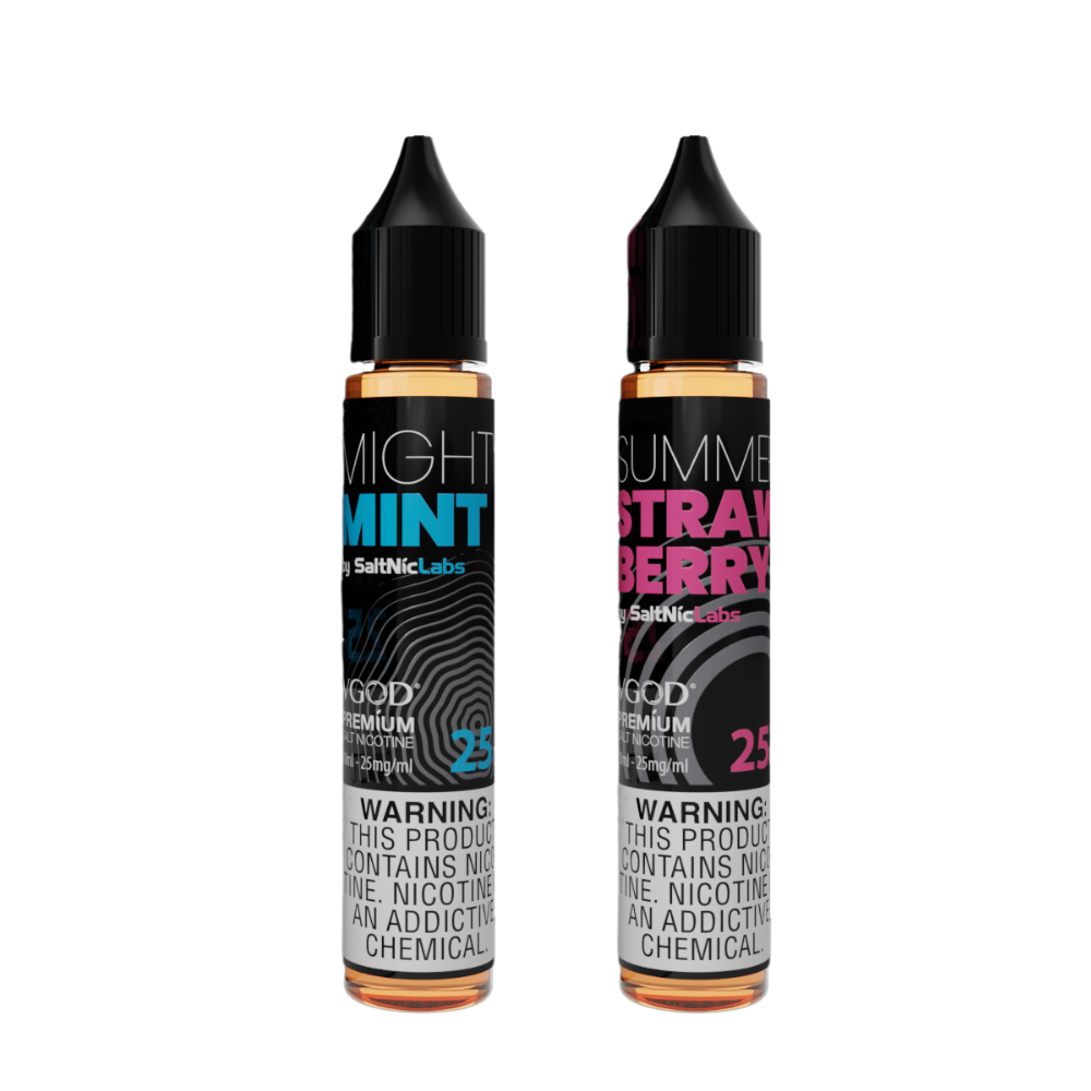 Two bottles of Vgod Nic Salt e-liquid, one labeled 'Mint' and the other 'Strawberry', each with a black and transparent design on the label.
