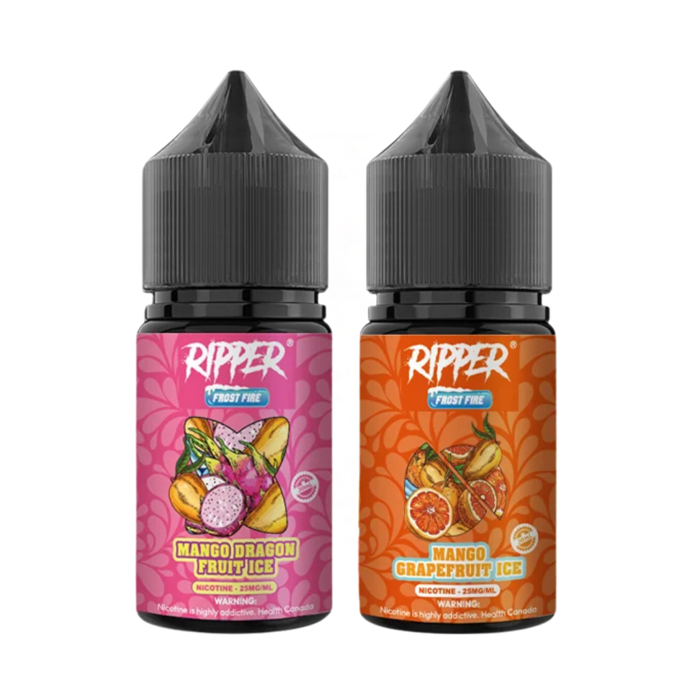 Two chubby gorilla bottles of Ripper Frost Fire Nic Salt e-liquid, one labeled Mango Dragon fruit ice and the other Mango Grapefruit ice, indicating different flavors.