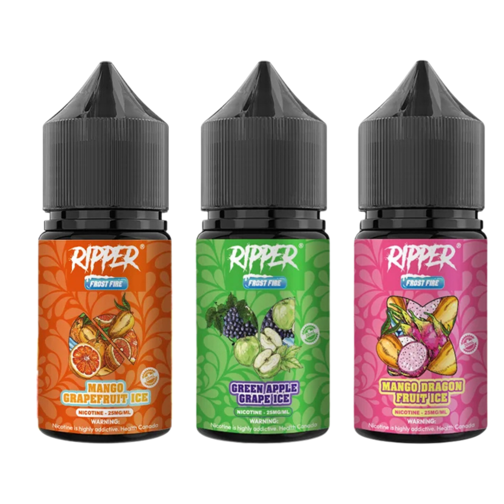 Three bottles of Ripper Frost Fire nicotine salt e-liquid in various flavors, each with a childproof cap. The labels indicate mango Grape fruit ice  green apple Grape ice , and mango dragon fruit ice.