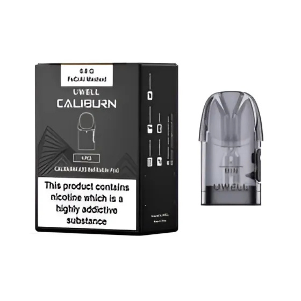 Uwell Caliburn A3S refillable pod next to its packaging, indicating a 0.8ohm coil resistance and 2ml e-liquid capacity.