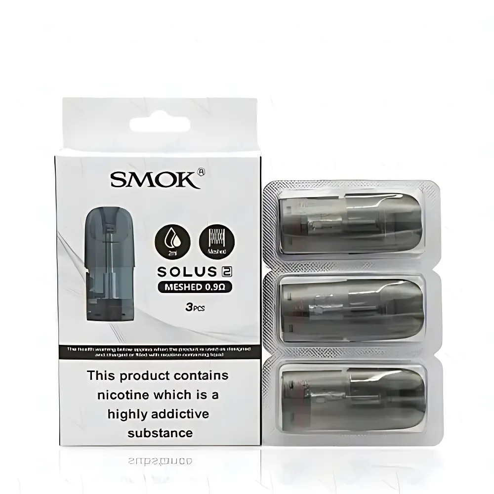Packaging of Smok Solus 2 Replacement Pods with one pod displayed in front, indicating a 0.9 ohm coil, and the box warning about nicotine content.