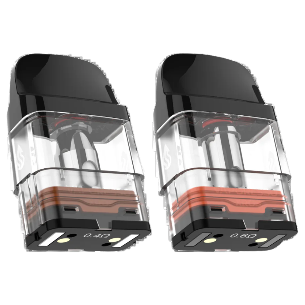 Two transparent Vaporesso XROS Series 3ml Replacement Pods with visible e-liquid levels and black components.
