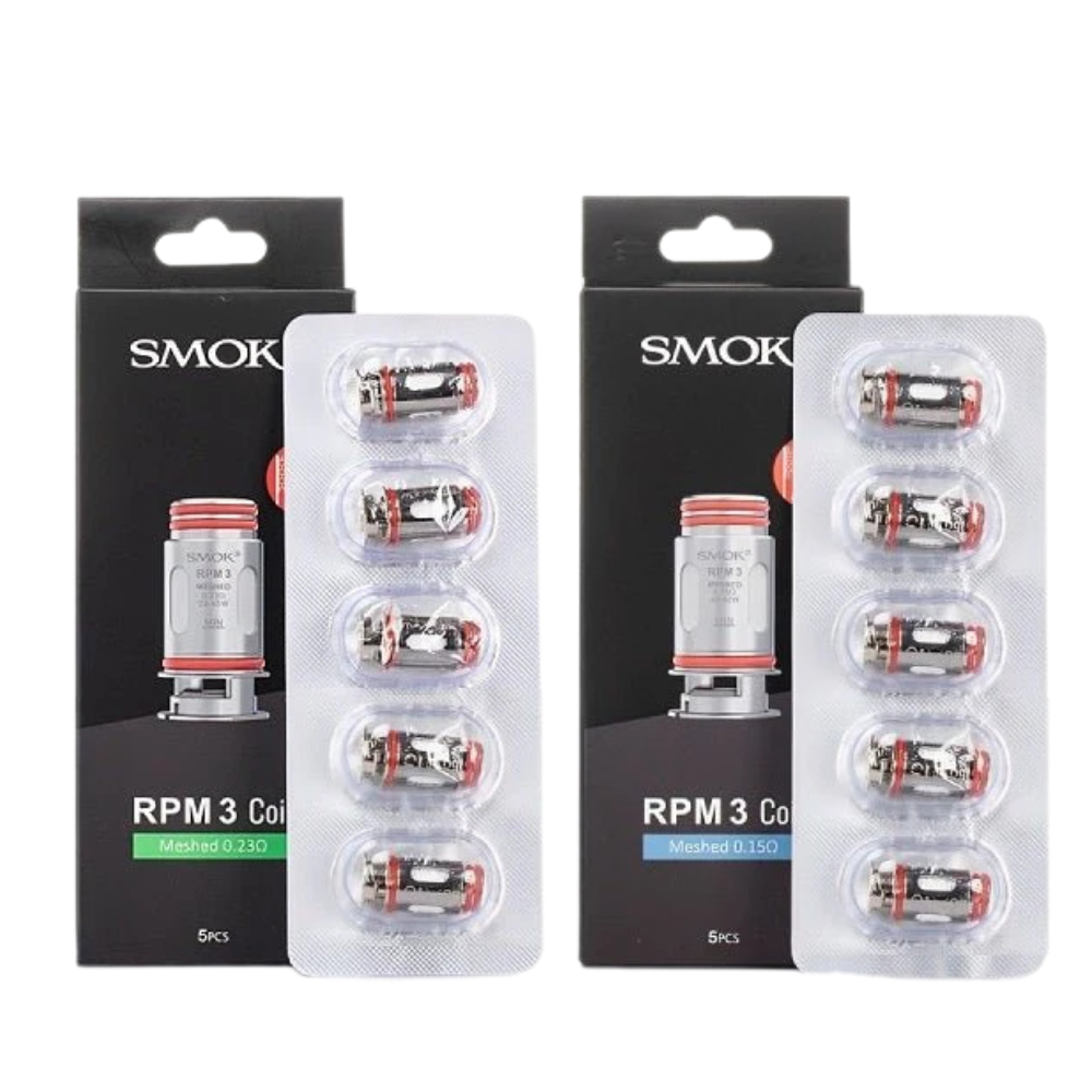 Two packages of Smok RPM-3 replacement coils, with each package containing 5 coils. The coils are designed for the Smok RPM 5 and RPM 5 Pro Kits.