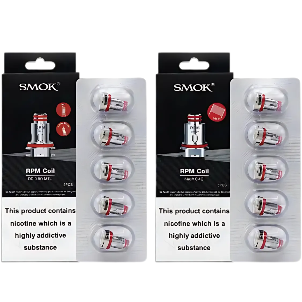 Two packages of Smok RPM Coil replacement cartridges, each containing five individual coils, designed for use with the Smok RPM series pod kit.