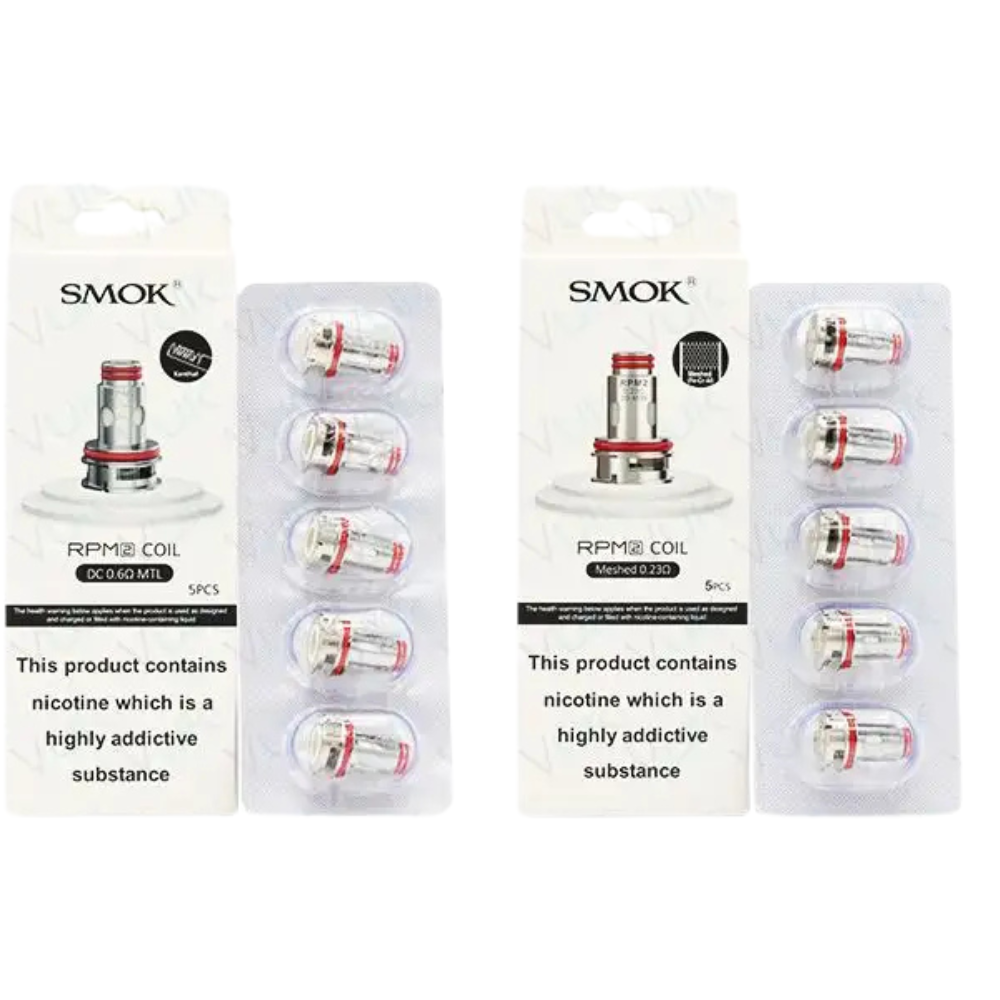 Two packages of Smok RPM 2 replacement coils, displaying multiple coils with red and white connectors, against a white background.