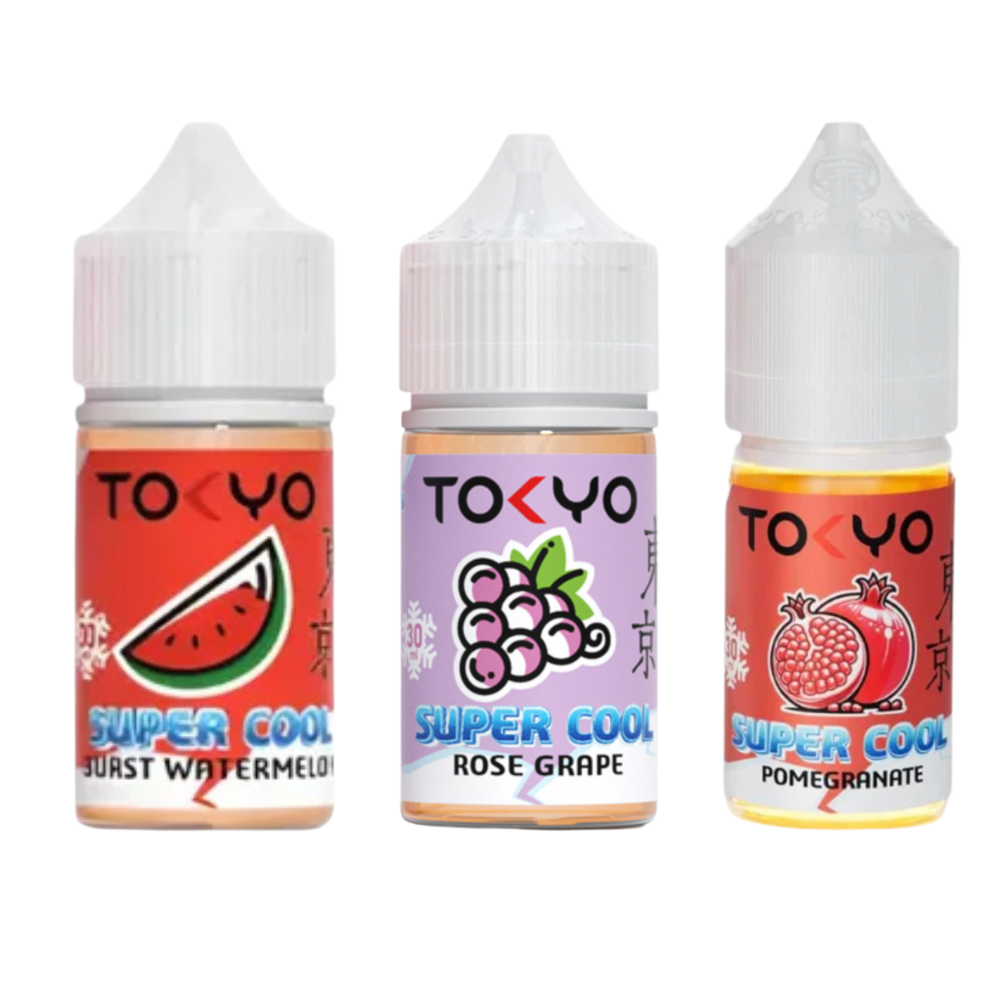 Three bottles of Tokyo Nic Salt e-liquid in different flavors: watermelon, rose grape, and pomegranate.