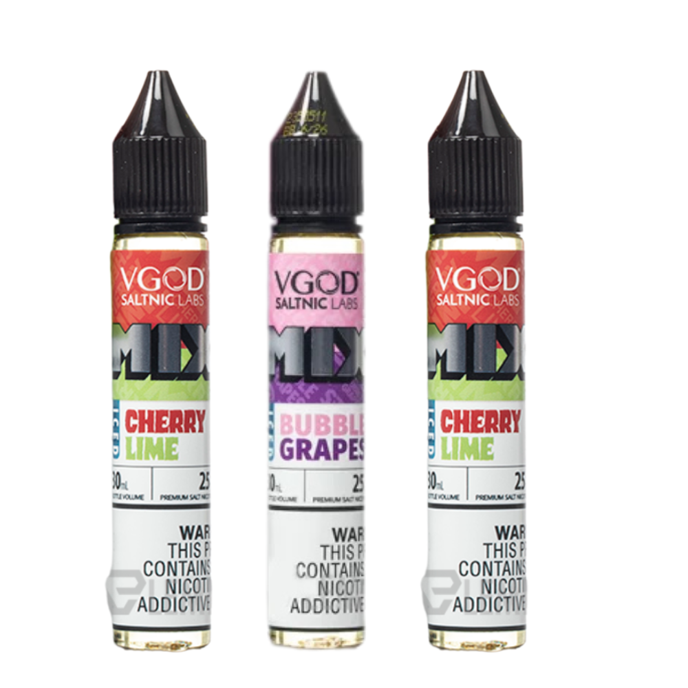 Three bottles of VGOD ICED e-liquid in different flavors, each labeled clearly with the brand, flavor name, and nicotine strength.