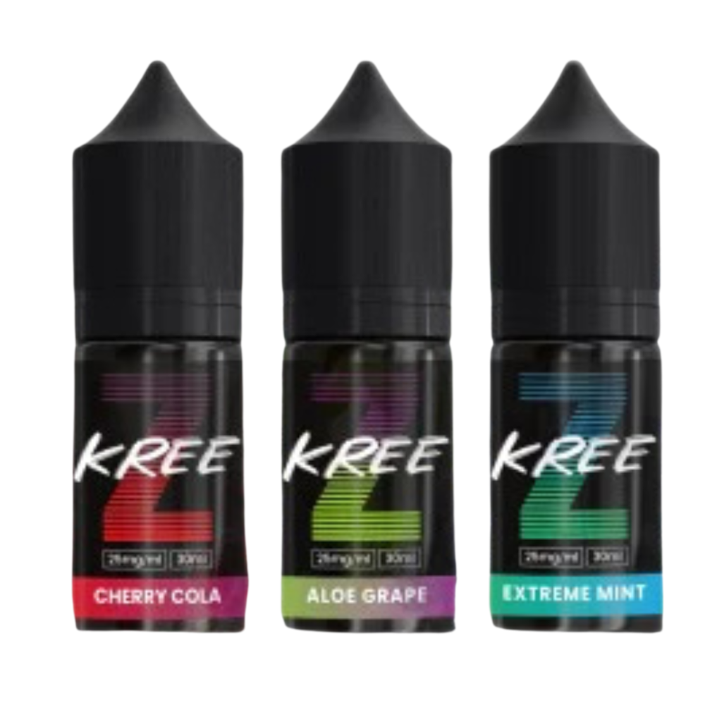 Three bottles of Kree Z-Series Nic Salt e-liquid in 30ml packaging with color-coded labels indicating flavors: Cherry Cola, Aloe Grape, and Extreme Mint.