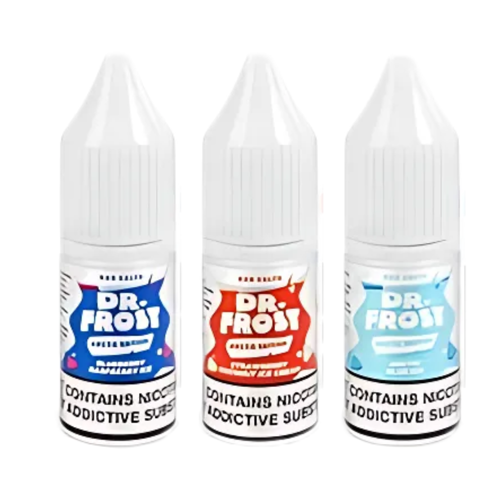 Three bottles of Dr Frost Nic Salt 30ml e-liquid in 50mg strength, with different flavors indicated by the colors of the labels.