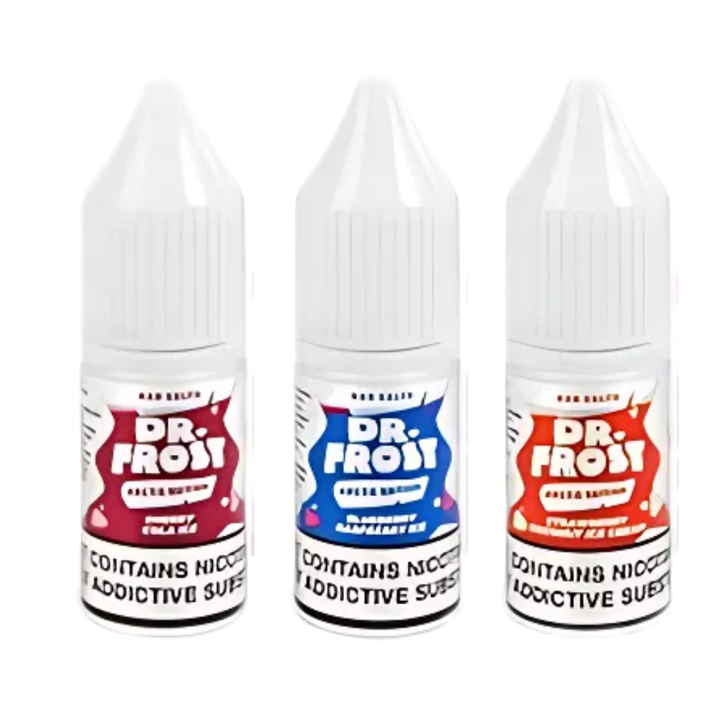 Three bottles of Dr Frost Nic Salt 30ml e-liquid in a 30mg nicotine strength, with various flavors, in a chubby gorilla bottle shape, with childproof caps and labels.