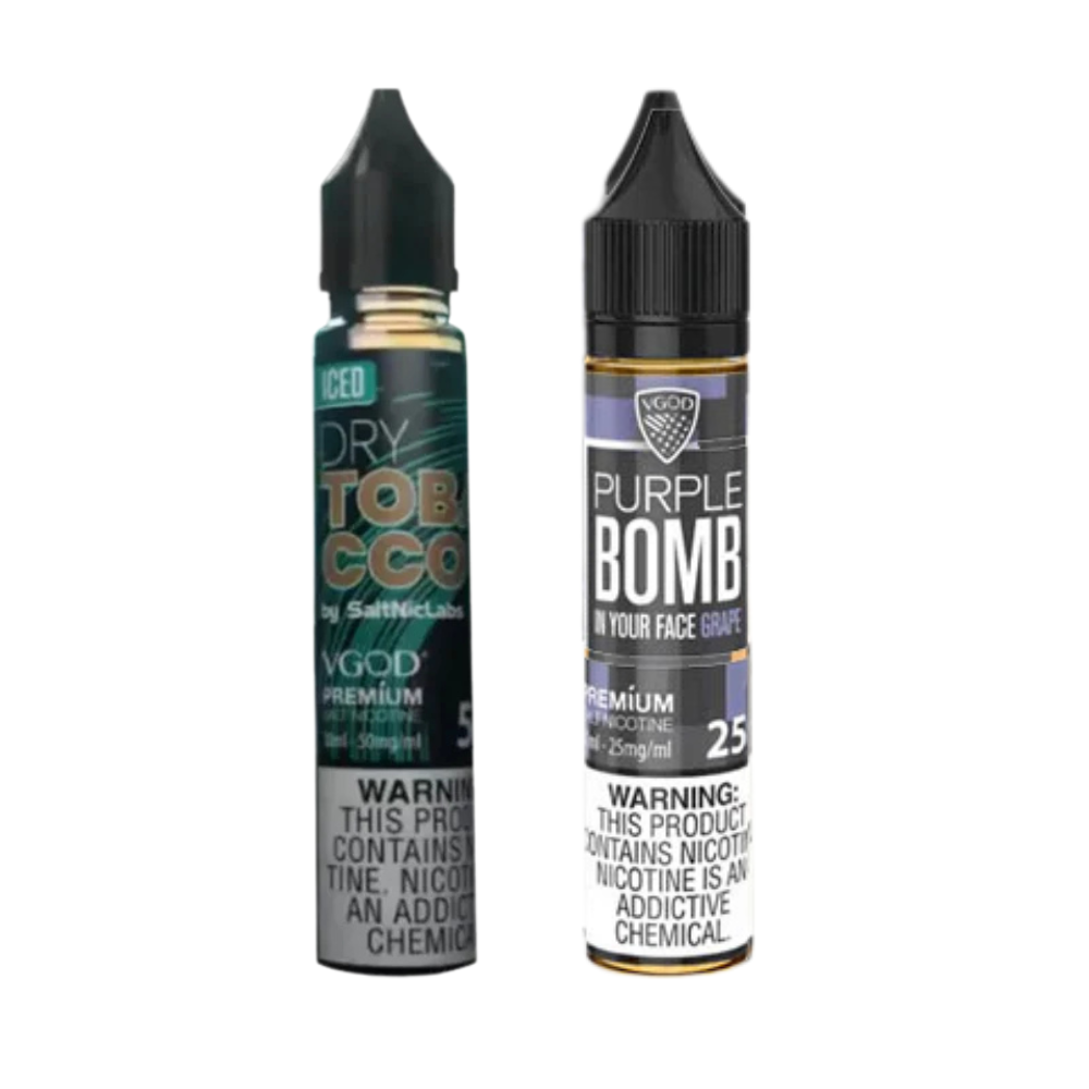 Two bottles of VGOD Salt Nic e-liquid, one labeled 'Dry托bacco' and the other 'Purple Bomb'. Both bottles are 30ml and indicate a nicotine strength of 50mg.