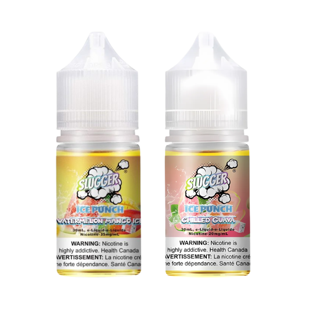 Two bottles ofSlugger Iced Punch Nic Salt 30ml e-liquid with a 50mg nicotine strength, one with a watermelon mango ice  flavor and one with a chilled gauva  flavor, both labeled in yellow and white with a warning label from Health Canada.