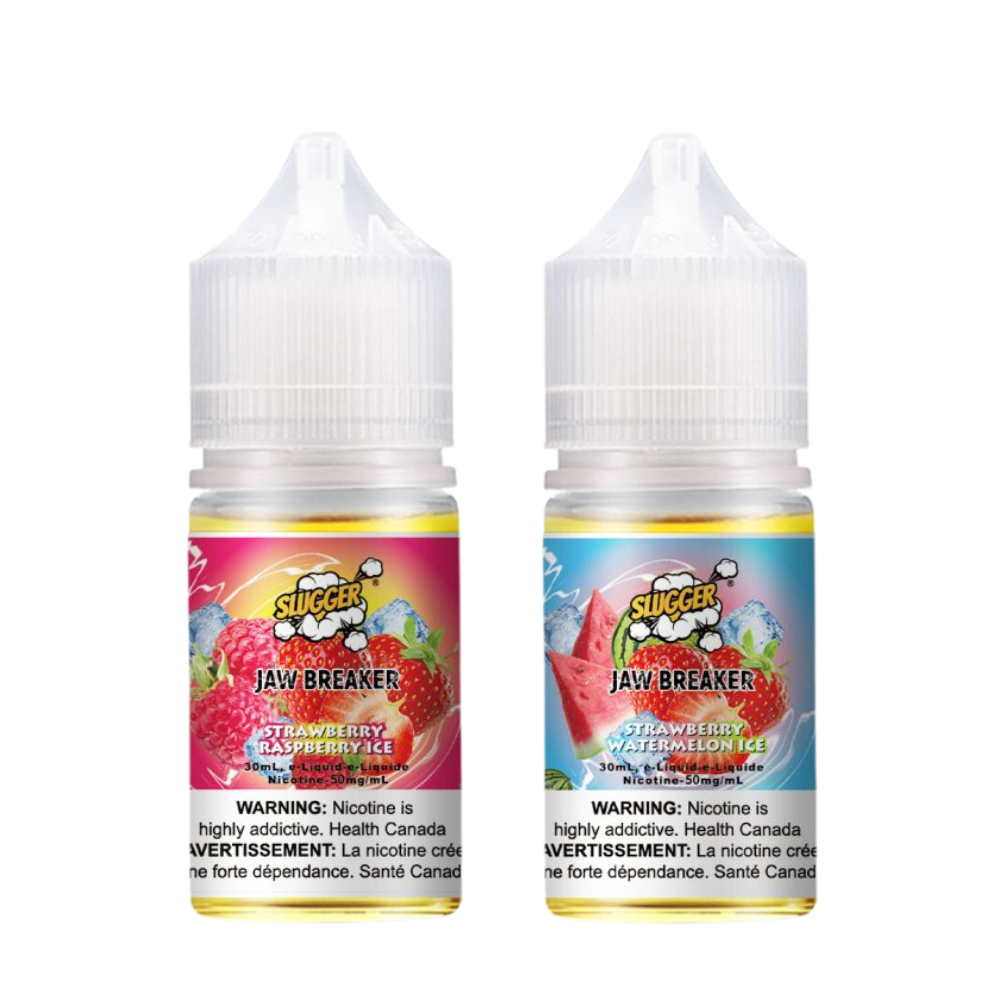 Two bottles ofSlugger Jaw Breaker Series Nic Salt, one with a red label and one with a blue label, both indicating a 30ml volume and 50mg nicotine strength.