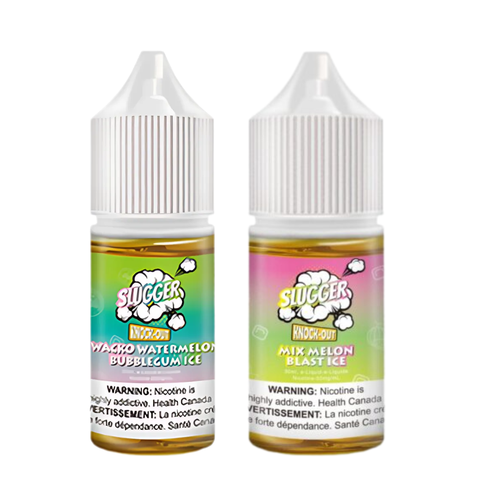 Two bottles ofSlugger Nic Salt e-liquid, one labeled as Watermelon Bubblegum ice and the other as Mixed Melon Blast Ice, both with a white cap and a colorful label.