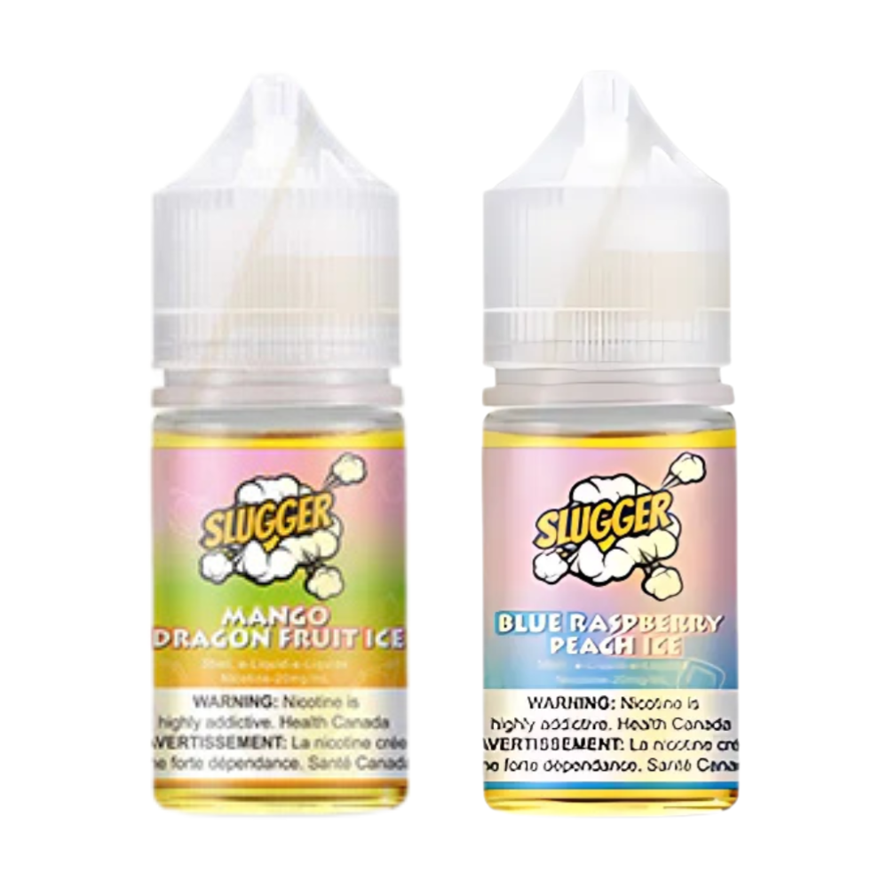 Two bottles ofSlugger Nic Salt e-liquid in flavors Mango Dragon Fruit Ice and Blue Raspberry Peach Ice, with childproof caps and labels indicating nicotine content.