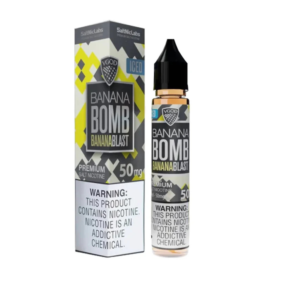 A product image showing a bottle of VGOD Banana Bomb Iced e-liquid next to its packaging. The packaging has a yellow and black design with text detailing the product name and nicotine strength.