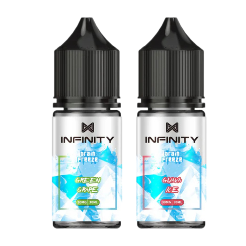 Two bottles of Infinity Brain Freeze 30ML- 30MG Nic Salt e-liquid with a childproof cap, featuring a blue and red label on a white background.
