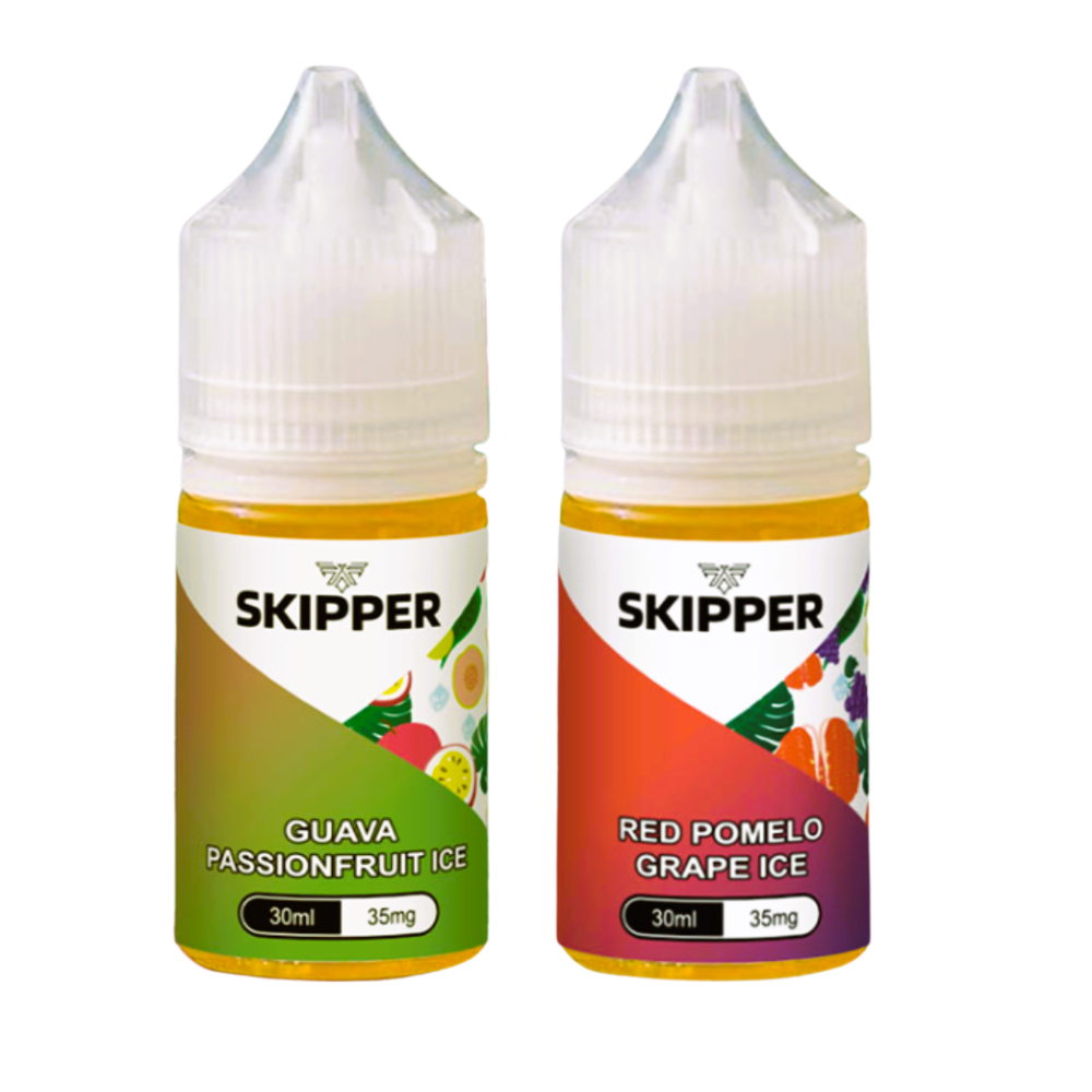 Two bottles of Skipper brand e-liquid in 30ml chubby gorilla bottles with childproof caps, one labeled Guava Passionfruit Ice and the other Red Pomelo Grape Ice.